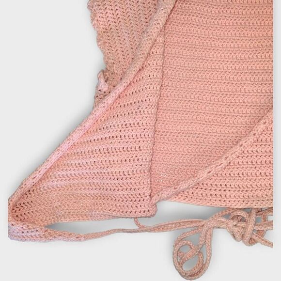 Handmade Womens Sweater Sz XL Pink Salmon Cropped Short Wrap Tie Swiftie Crochet - Picture 3 of 10